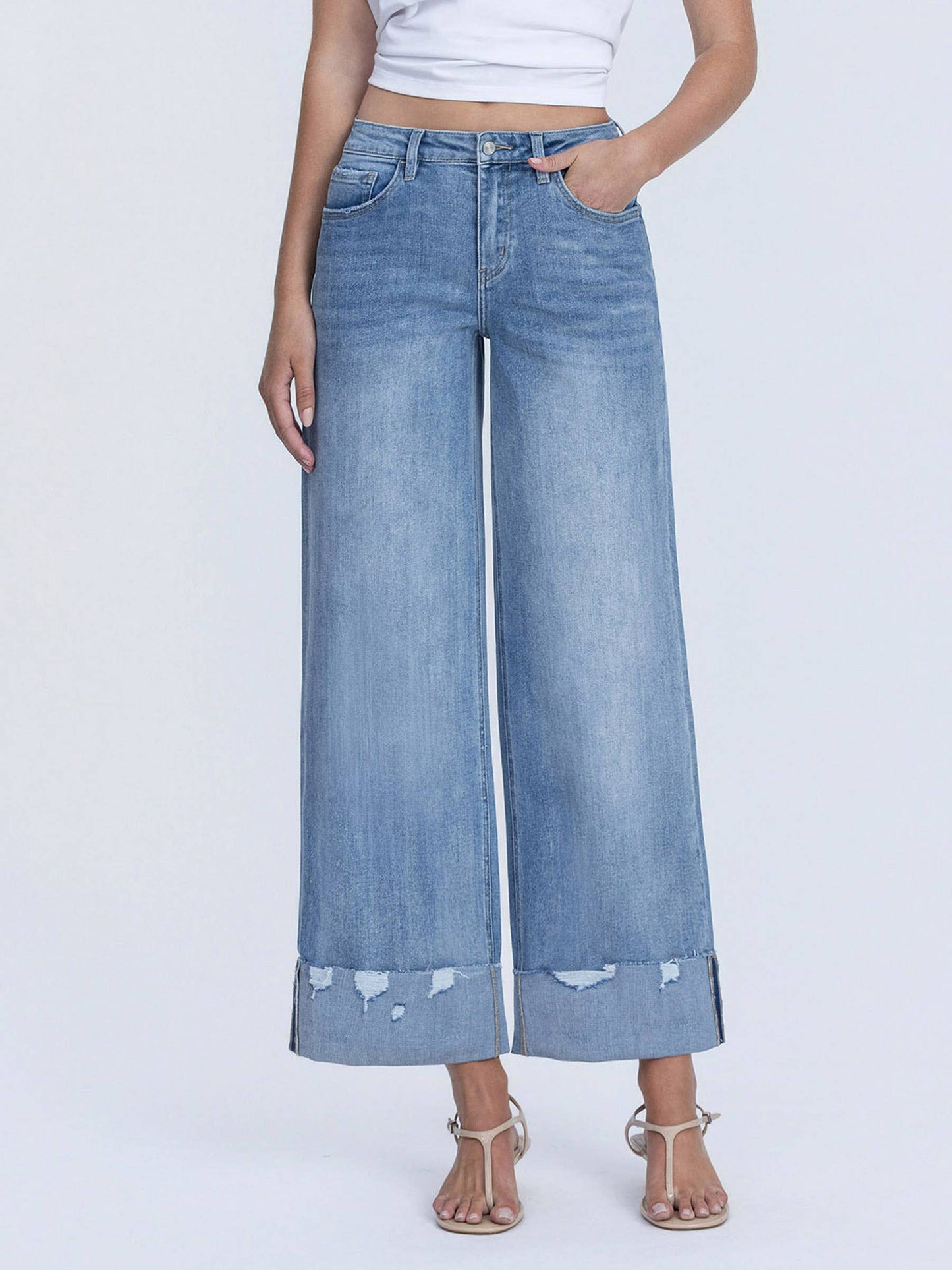 Lovervet by VERVET - HIGH RISE MEDIUM WASH CUFFED WIDE JEANS LV1604: NOVELTY / 29