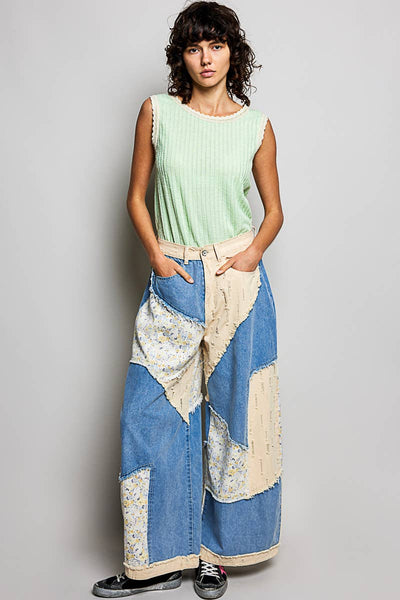 Pol Clothing - Stripe Patch Back Elastic Band Twill High Rise Wide Pants