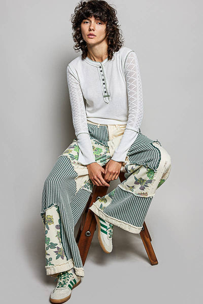 Pol Clothing - Stripe Patch Back Elastic Band Twill High Rise Wide Pants