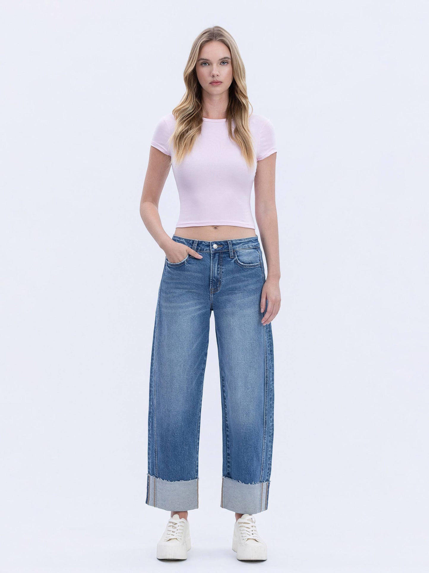 Lovervet by VERVET - HIGH RISE CUFFED BARREL LEG JEANS LV1677