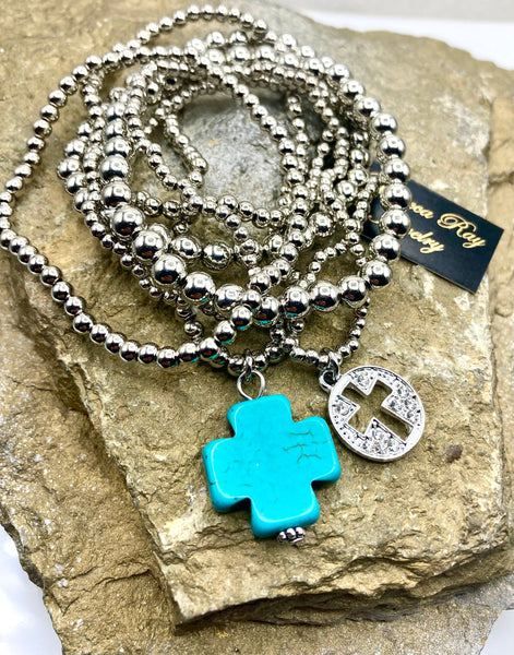 Rebecca Ray Jewelry - Silver Beaded Bracelet Set with Cross Charm