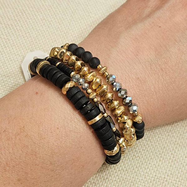 Singing River Boutique - Beaded Bracelet Set – Black, Gold, Hematite, 4 Pieces, Pomina