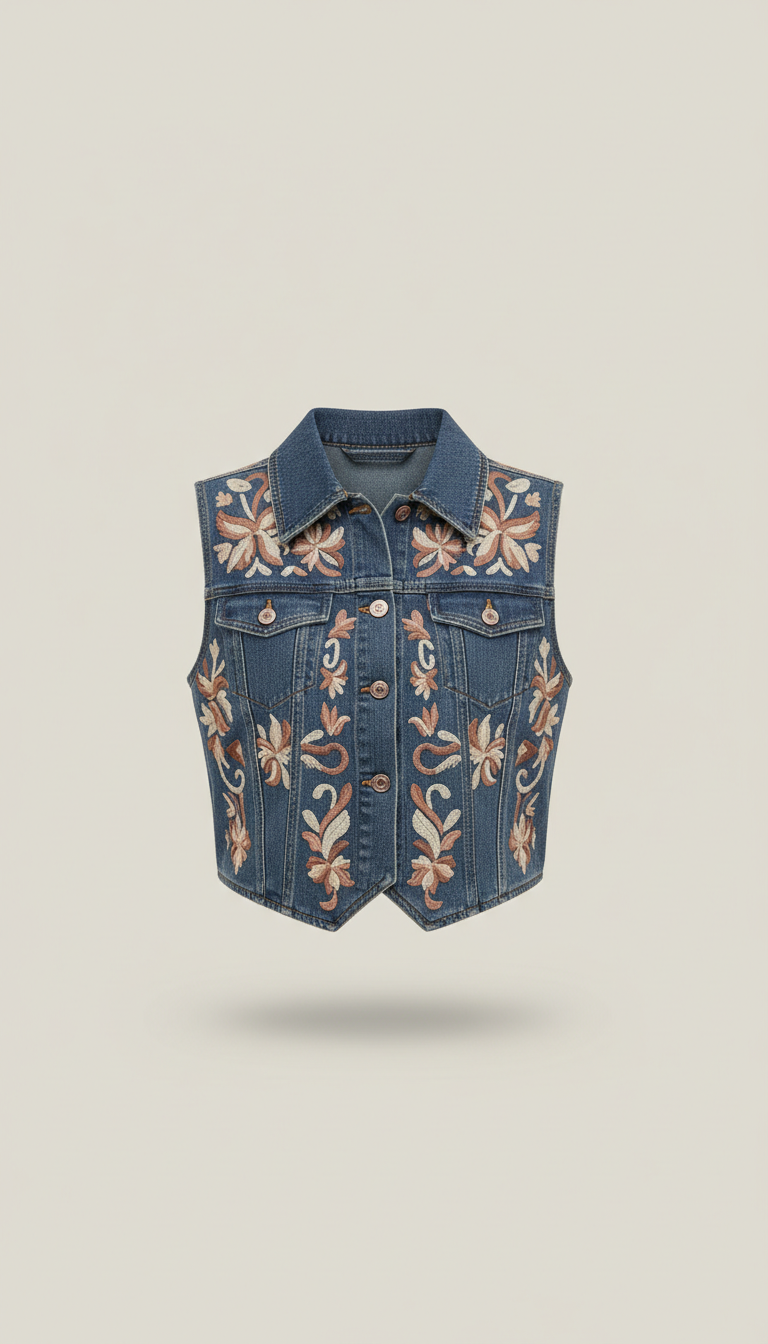 Embroidered Denim Vest with Western Motifs