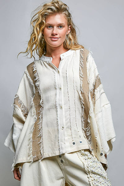 Pol Clothing - Frayed Trim Raw Edge Texture Panel Cotton Button Down Top