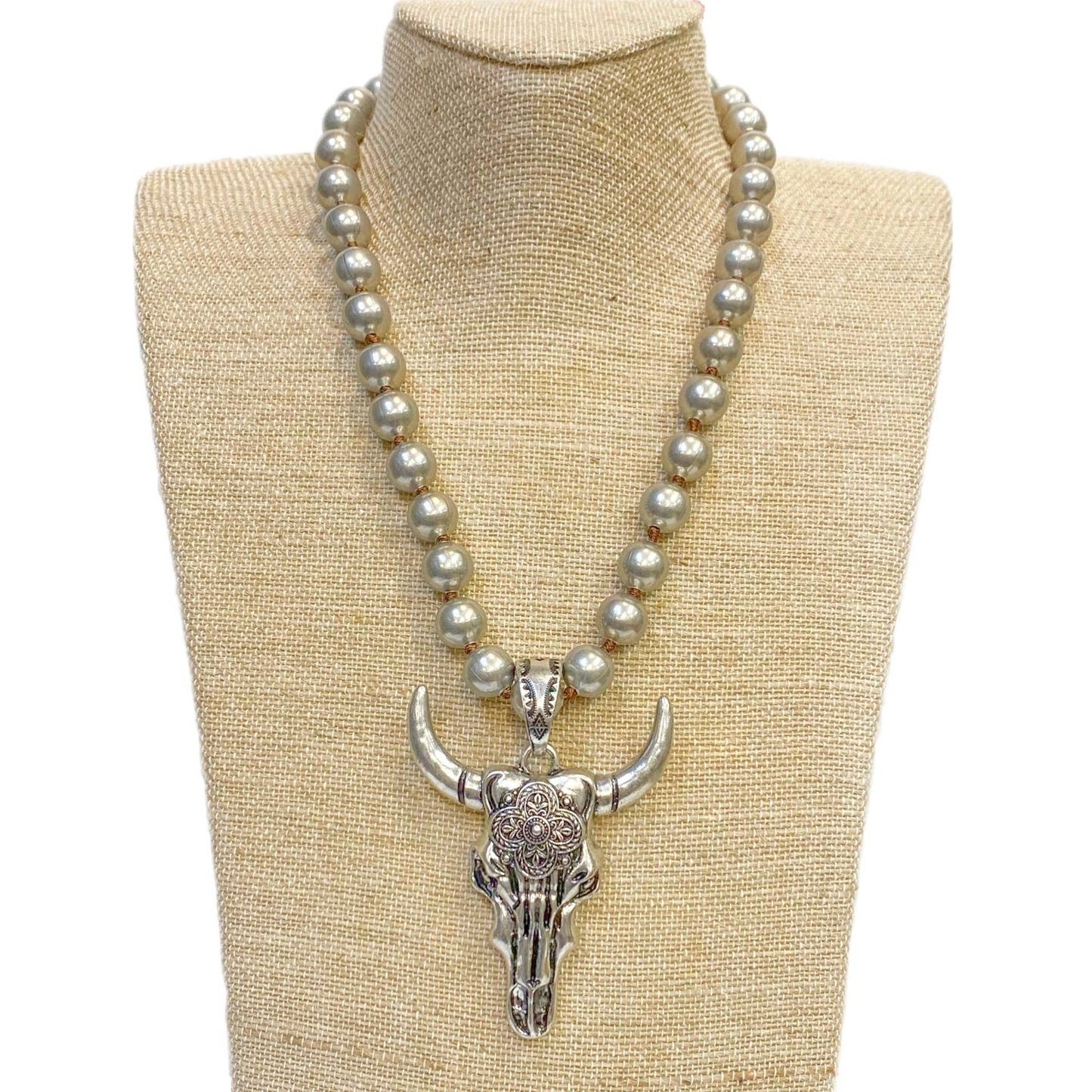Accessories To Go - Long Horn Skull Pendant on Faux Navajo Pearl Necklace