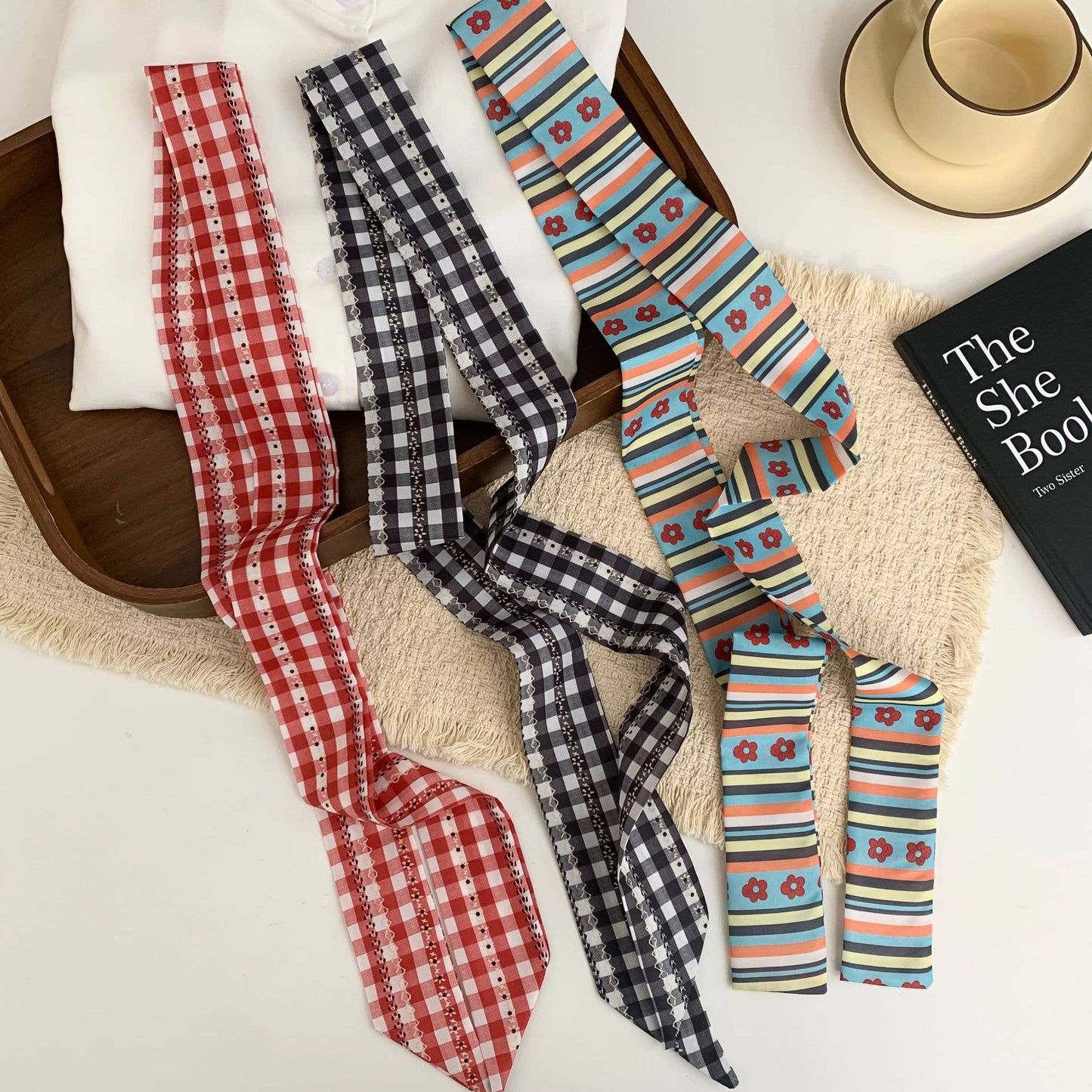 MKS America - Boho Striped Floral & Gingham Skinny Neck Scarf