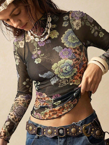 Hope & Sunshine - Floral Mesh Mock Neck Long Sleeve Top