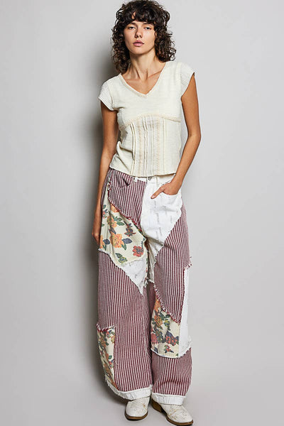Pol Clothing - Stripe Patch Back Elastic Band Twill High Rise Wide Pants