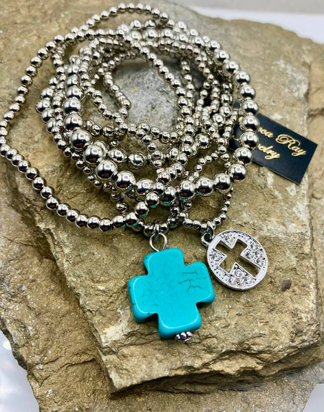 Rebecca Ray Jewelry - Silver Beaded Bracelet Set with Cross Charm