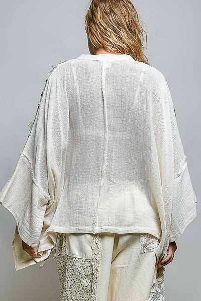 Pol Clothing - Frayed Trim Raw Edge Texture Panel Cotton Button Down Top