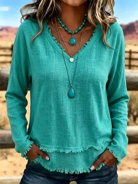 Hope & Sunshine - Frayed Trim V-Neck Long Sleeve Textured Top