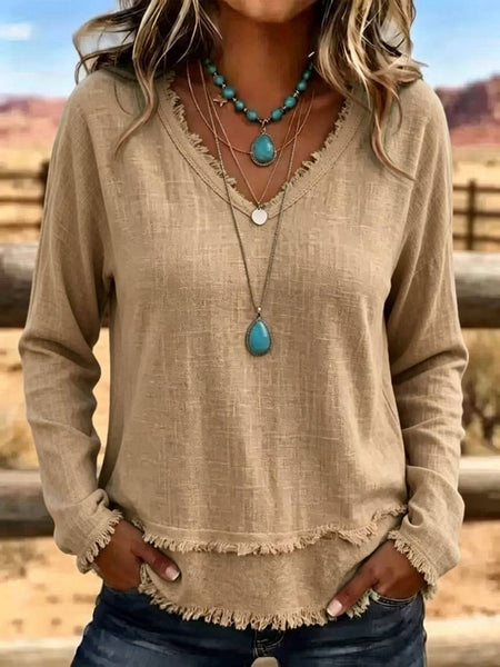 Hope & Sunshine - Frayed Trim V-Neck Long Sleeve Textured Top