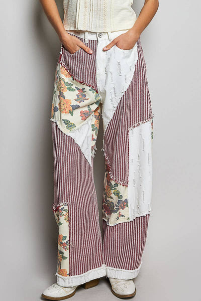 Pol Clothing - Stripe Patch Back Elastic Band Twill High Rise Wide Pants