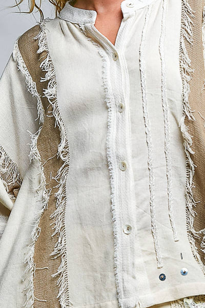 Pol Clothing - Frayed Trim Raw Edge Texture Panel Cotton Button Down Top