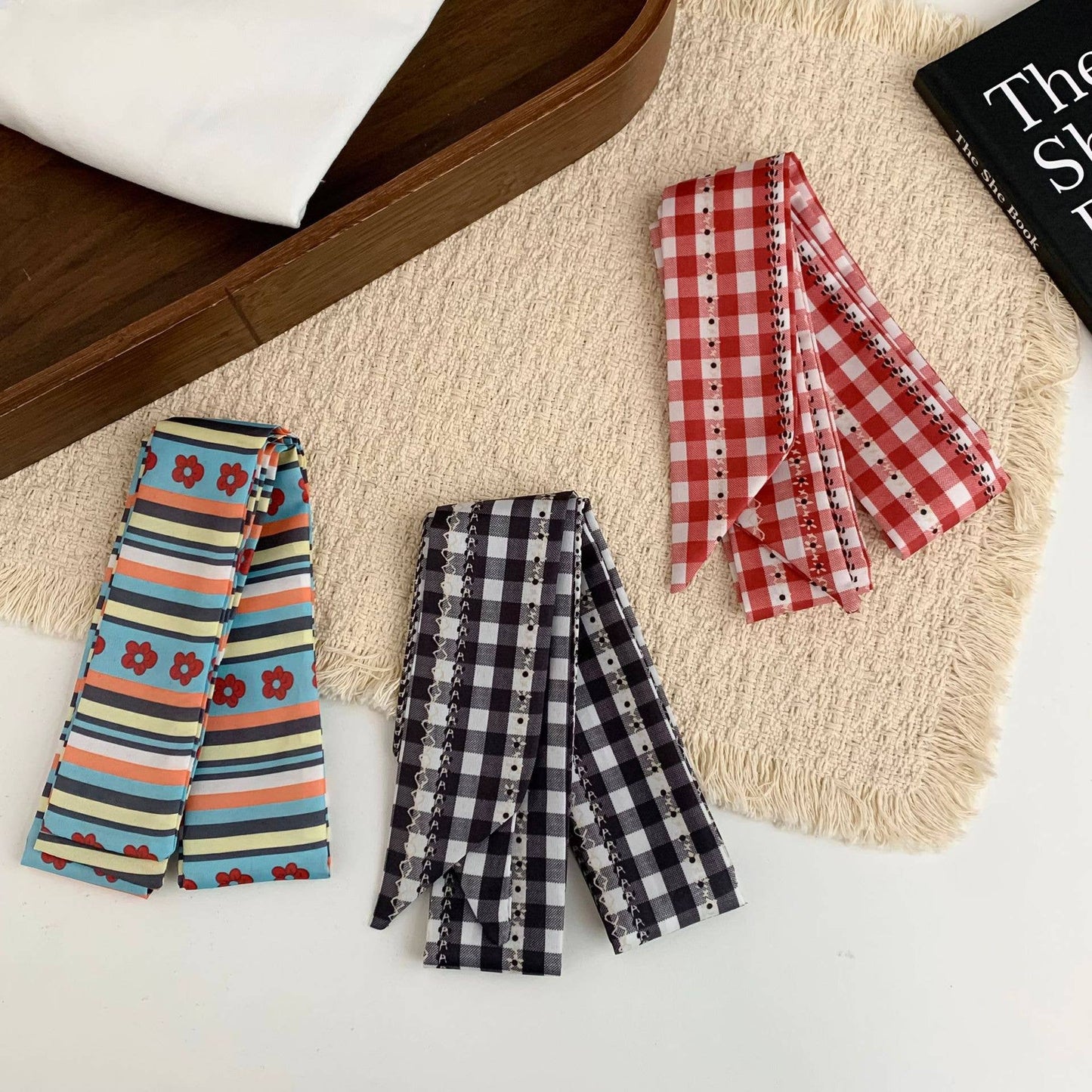 MKS America - Boho Striped Floral & Gingham Skinny Neck Scarf