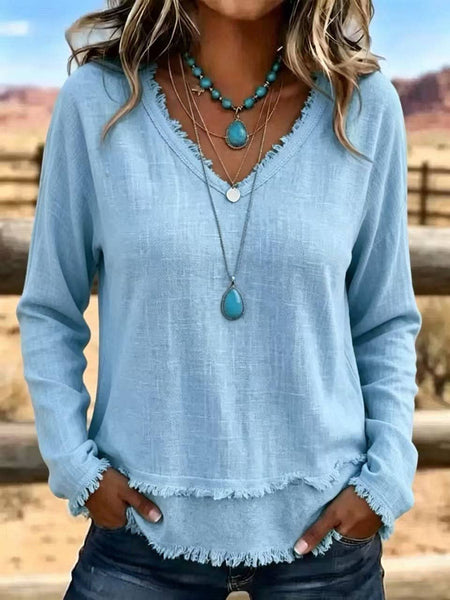 Hope & Sunshine - Frayed Trim V-Neck Long Sleeve Textured Top