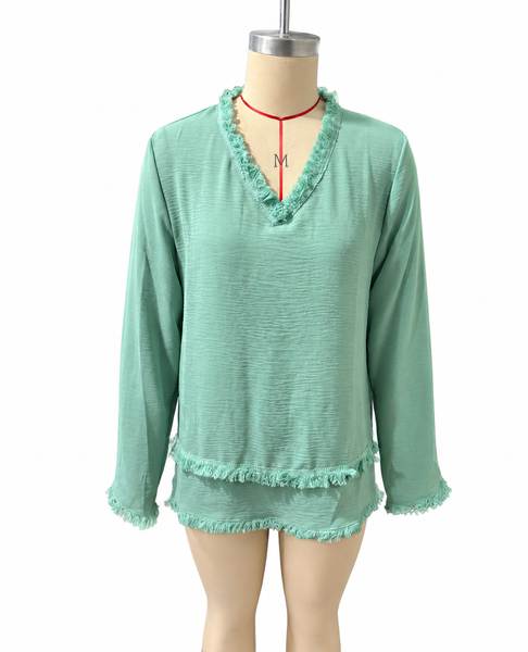 Hope & Sunshine - Frayed Trim V-Neck Long Sleeve Textured Top