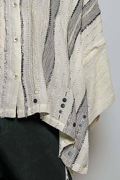 Pol Clothing - Frayed Trim Raw Edge Texture Panel Cotton Button Down Top